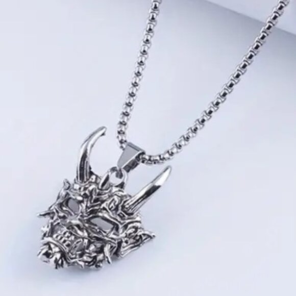 Necklace Demon Devil Mask Pendant Stainless Heavy Chain Goth Punk Edgy Rock - Picture 3 of 6